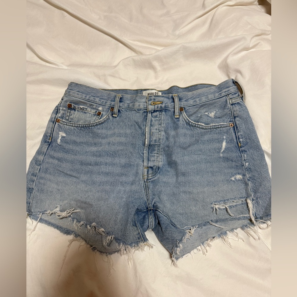 Agolde Parker Long Light Blue Distressed Jean Shorts